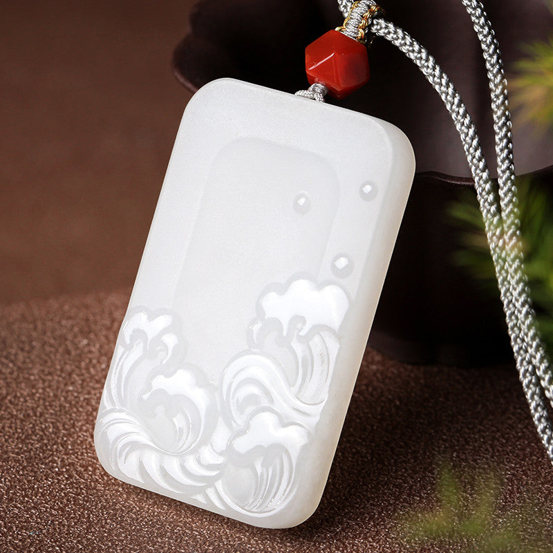 White Hetian Jade Pendant, Double-sided Carved Water Pattern Jade Ornament, Couple Style with Cord, Gift Ready