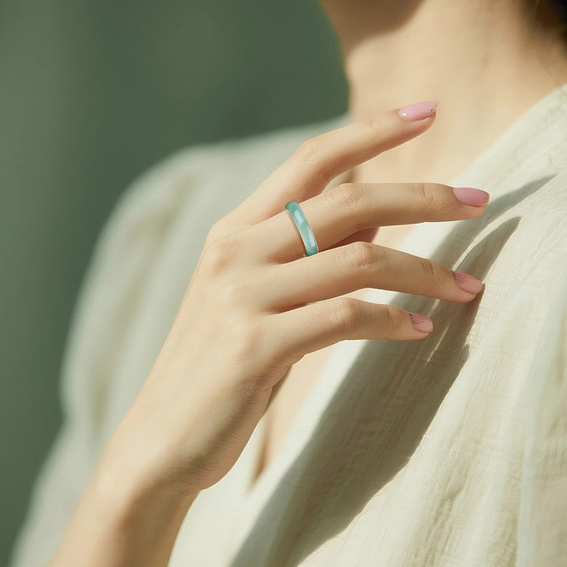 Moist Translucent Jadeite Ring, High-Icy Blue Water Plain Band Ring for Men & Women