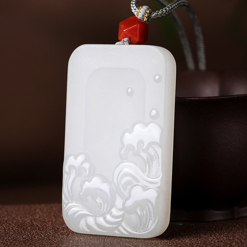 Double-Sided Carved Water Pattern White Hetian Jade Pendant, Couple Jade Ornament with Cord for Gifting