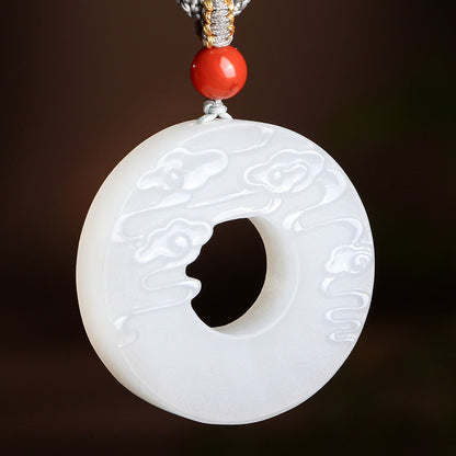 Double-Sided Carved Water Pattern White Hetian Jade Pendant, Couple Jade Ornament with Cord for Gifting