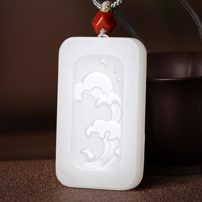 White Hetian Jade Pendant, Double-sided Carved Water Pattern Jade Ornament, Couple Style with Cord, Gift Ready