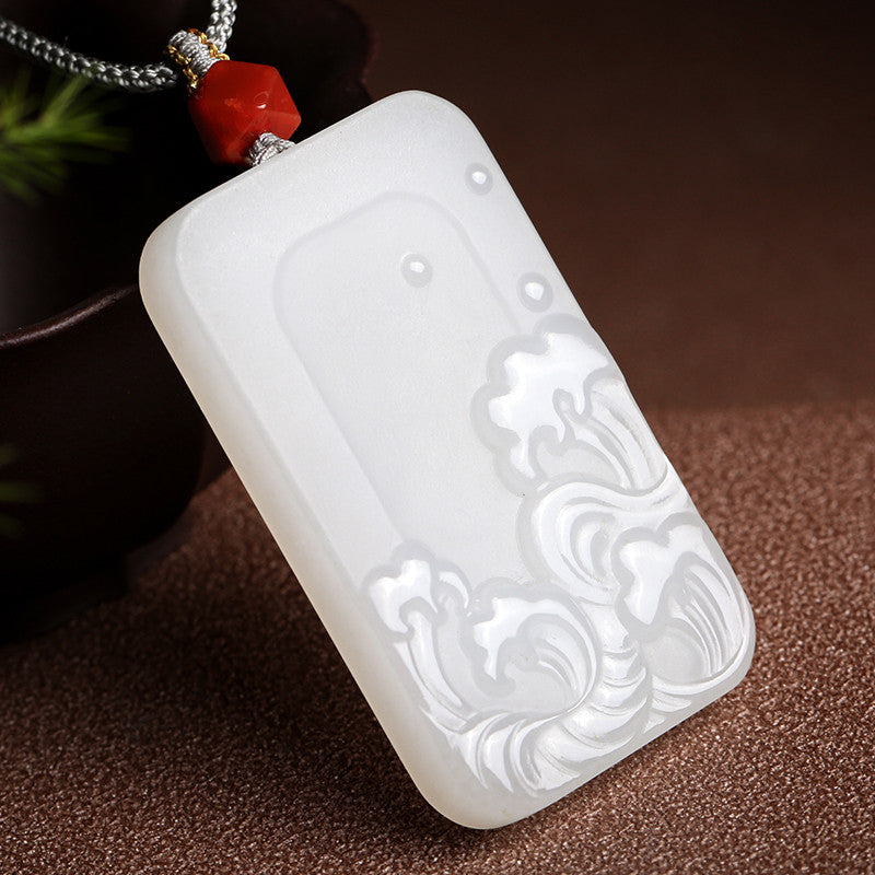 Double-Sided Carved Water Pattern White Hetian Jade Pendant, Couple Jade Ornament with Cord for Gifting