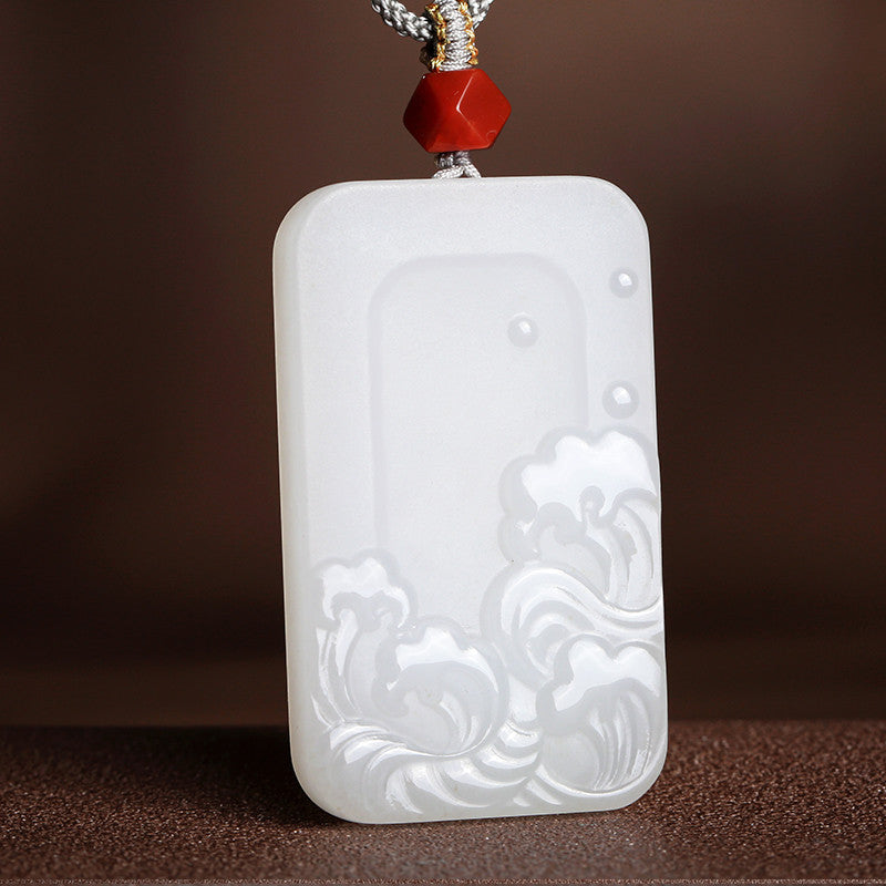 Double-Sided Carved Water Pattern White Hetian Jade Pendant, Couple Jade Ornament with Cord for Gifting