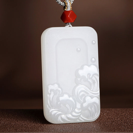 Double-Sided Carved Water Pattern White Hetian Jade Pendant, Couple Jade Ornament with Cord for Gifting