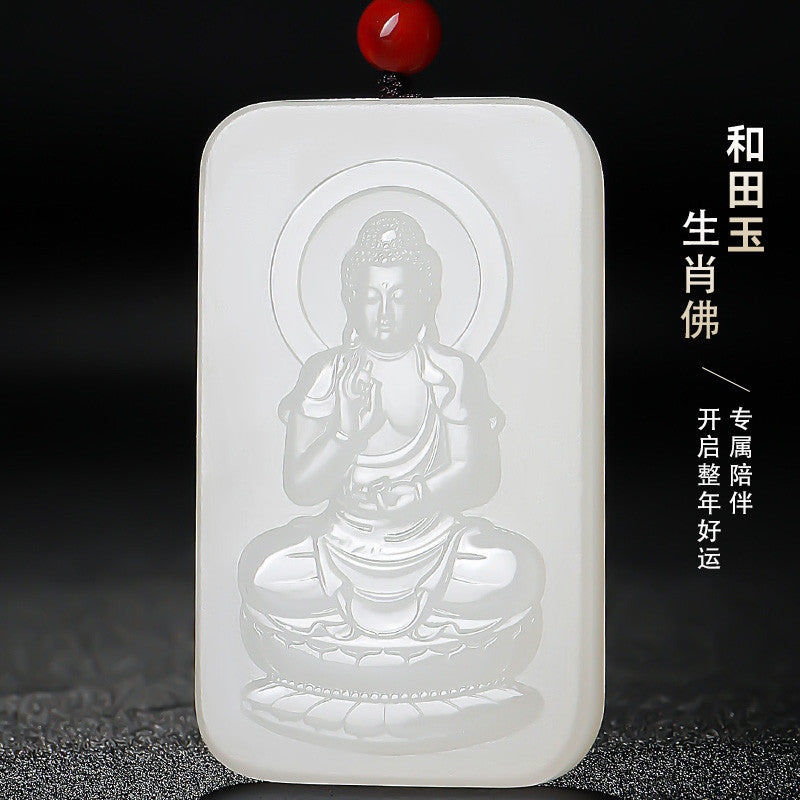 Grease-like White Hetian Jade Pendant, Double-sided Carved Eight Zodiac Guardian Buddhas, Festival Gift