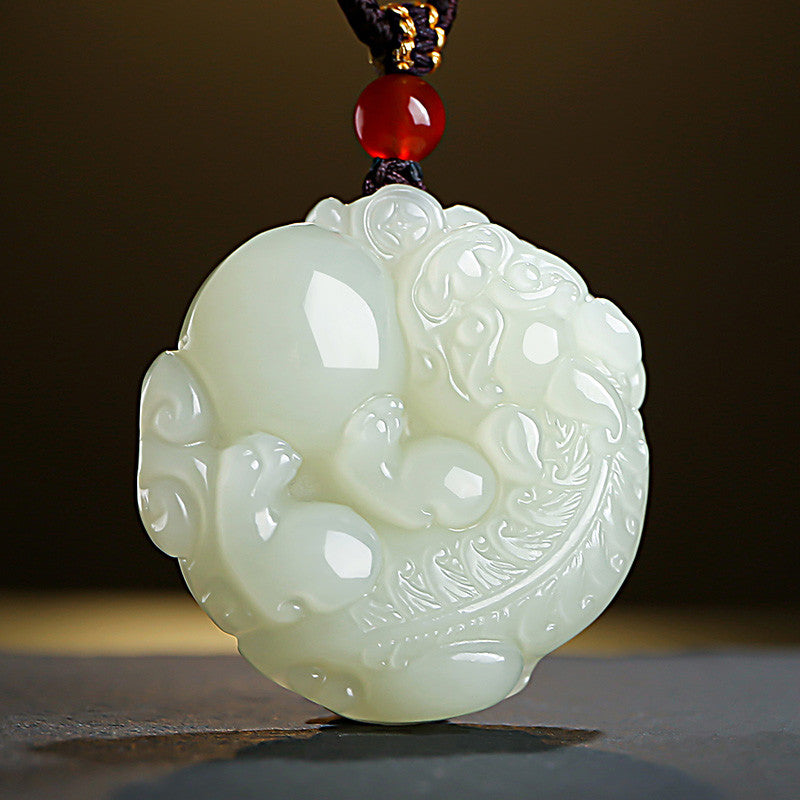 Pale Cyan Hetian Jade Double-sided Carved Pixiu Pendant, Unisex Fortune Beast Jade Charm