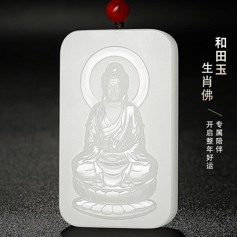 Solid Grease White Hetian Jade Pendant, Double-Sided Carved Eight Zodiac Patron Buddhas, Festival Gift 中文：凝脂白玉八